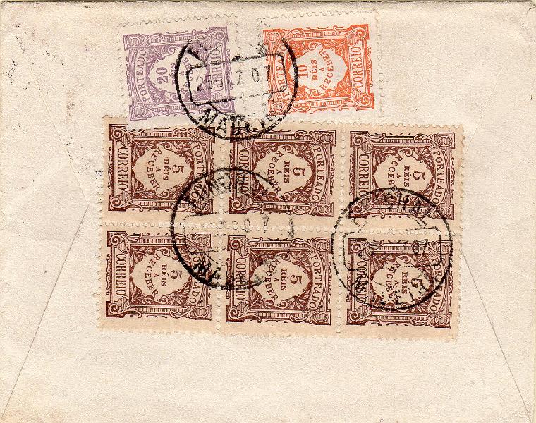 0018 v.jpg -     Lote:    18 (verso)      J. M. Castanheira da Silveira             Descrição:         1904 &mdash; Porteado. Emissão regular. Valor em reis. Sobrescrito circulado de Inglaterra (17.12.07) para o Funchal com selo de 1p. Foi porteado com o dobro do porte em falta com bloco de 6 selos de 5 reis + selo de 10 reis + selos de 20 reis CE POR 7/9. MB e MR.        Carta       Valor Base:     &euro; 30,00     Valor Venda:     &euro;      